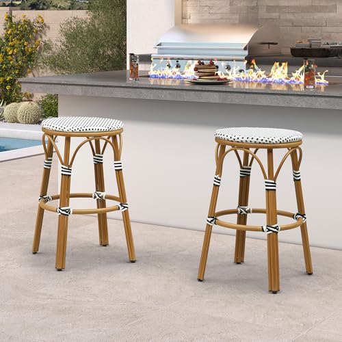 Image of PURPLE LEAF Outdoor French Round Bar Stool Set of 2 Oversized 30 inch Armless Stackable Rattan Barstools Bamboo Print Aluminum Frame with Woven Wicker for Patio Island Cafe White and Black