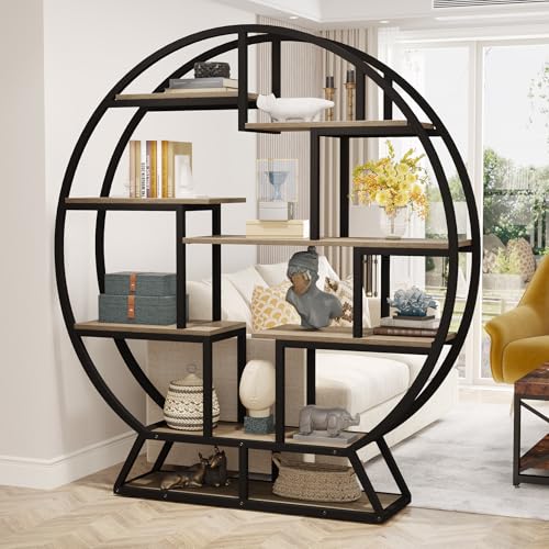Image of Tribesigns Bookshelf, Round Bookshelves Etagere Bookcase, 63 Inch Industrial Wood Book Shelf with Staggered Shelves, Open Shelving Organizer Rack Display Shelf for Home Office, Living Room, Grey
