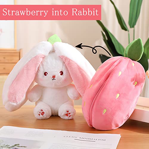VOSSOT Hasen Verstecken, Erdbeerhasen Kissen Plüschtier, Osterhase Gefülltes Plüschtier Hase, Hasenpuppe, Hasenplüsch, Hasenplüschtier, Eingewickelt in Erdbeergeschenke, 18 cm Hoch (Kaninchen)