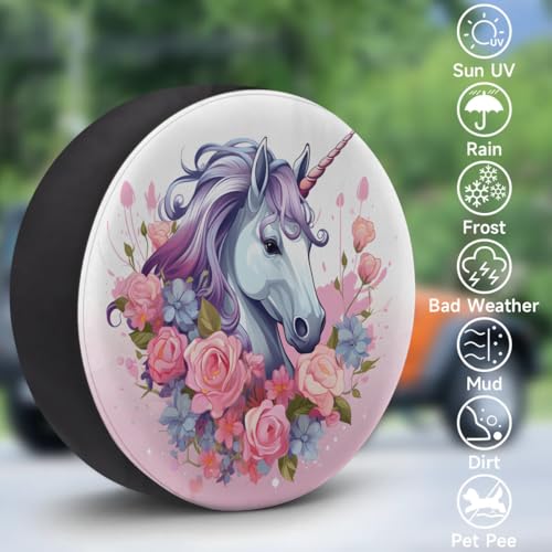 Image of Spare Tire Cover for RV Trailer, Unicorn Flower Tire Covers Universal Fit for Travel Trailer Camper Jeep RV SUV Truck Waterproof Wheel Cover (15 inch for Diameter 27 inch - 29 inch)