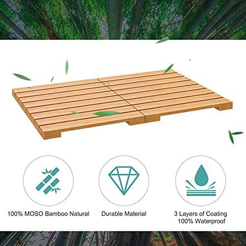 Waterproof Bamboo Bath Mat For Shower, Wooden Floor Mat For Bathroom, Foldable | Non-Slip | Heavy Duty, Shower Mat For Indoor Outdoor, 23.5In X 15.6In #TOP7