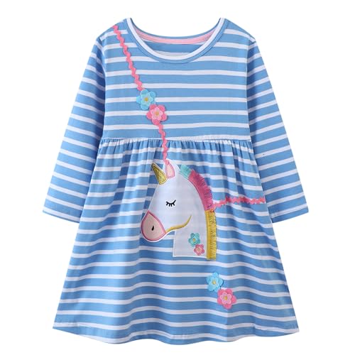 HILEELANG Toddler Girl Long Sleeve Dress Cotton Casual Jersey Shirt Playwear Applique Dress