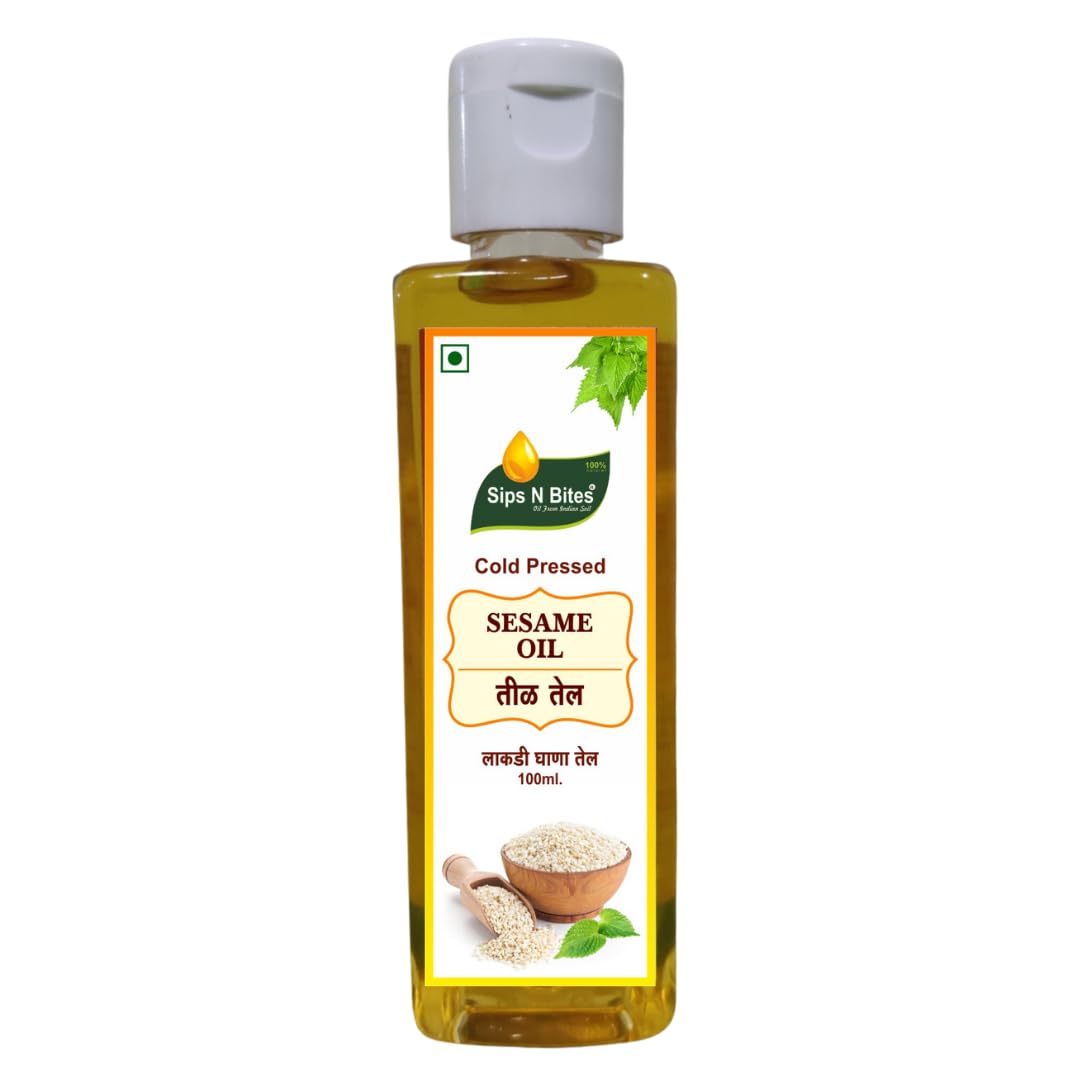 Sips N Bites Cold Pressed White Sesame Oil Small Bottle 100ml | Suitable for Baby Care, Skin Care, Cooking, Massage | Til ka Tel | Pressed On Wooden Churner With A1 Quality Sesame Seeds (1) oil for pooja