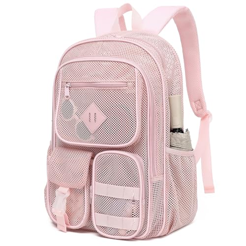 Bevkois Mesh Backpack for Boys Girls Adults Heavy Duty See Through School Bookbag for Outdoor Beach Swimming Travel (Light Pink)