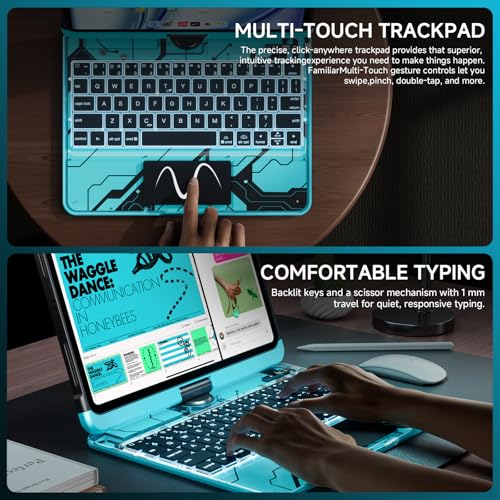 Image of Transparent Case with Keyboard for iPad 9th (7th, 8th, and 9th Gen) 10.2 Inch,with 7-Color Backlit Wireless Keyboard,360Rotatable Protective Case Multi-Touch Trackpad,with Pencil Holder,Blue