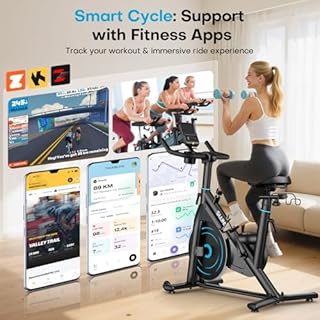 SLUNSE Exercise Bike for Home Use, Adjustable Magnetic Resistance Spin bike with Smart APP, Home Gym Equipment Stationary Bike with Dumbbell Rack, Pull Cord, Large Non-slip Mat, 180KG Weight Capacity