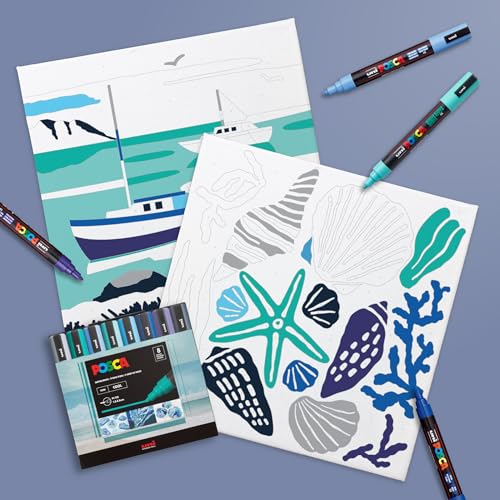 Image of POSCA Canvas Paint by Number Kit, Harbor Hues - 8 Acrylic Markers with 2 Pre-Drawn Canvases - Gift Set for Artists, Adults and Kids