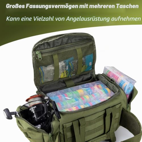 Dr.Fish Angeltasche zur Aufbewahrung von Angelgeräten mit Mehreren Taschen und Schulterbund, große Handtasche, wasserabweisend zum Angeln, Wandern, Jagen, Camping, Reisen, Armeegrün – Bild 4