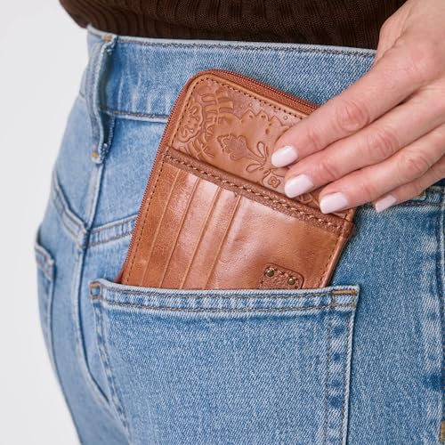 The Sak Iris Wallet in Leather, Elevated Card Holder with Keychain, Tobacco Floral Embossed II2