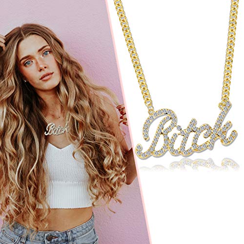 Q&Q Fashion Gold Celebrity Urban Big Bling Bitch Necklace Word Crystal Pave Rhinestone Chunky Chain Best Friend Friendship Jewelry BFF Gift2