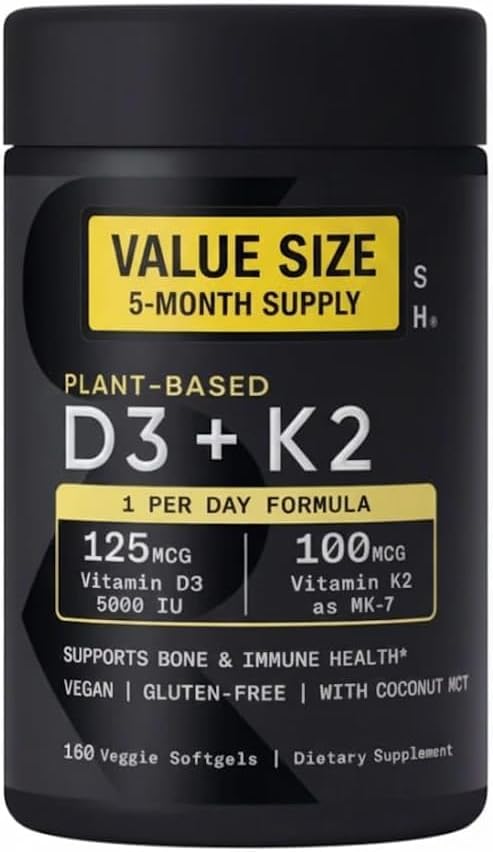 Sports Vitamin D3 K2 with 5000iu of Plant-Based D3 & 100mcg of Vitamin K2 as MK-7, Non-GMO Verified & Vegan Certified - 160 Liquid Softgels