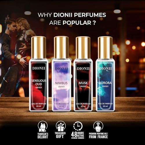 Image of Dionii Eau De Parfum Gift Set for Men and Women | MUSK, AURORA, SENSUOUS OUD, NIMBUS Perfume Set | Long Lasting Fragrance (4 x 20ml Each)