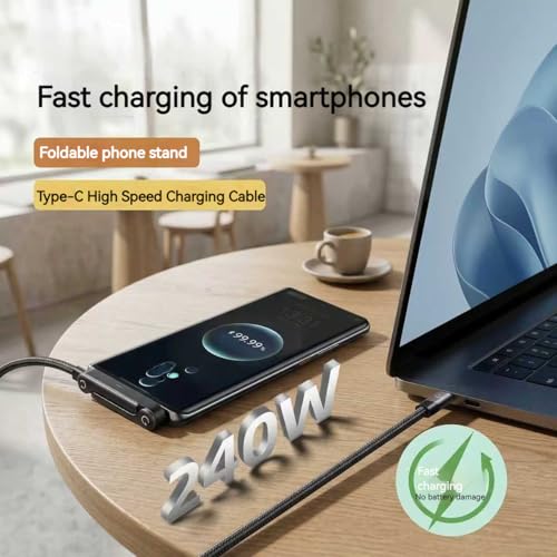 Image of 240W Type C Cable, 2 in 1 Fast Charging Braided USB C to USB C Cable with Foldable Stand, 90 Elbow Design for Gaming, Nylon Braided, 1.5M, Black