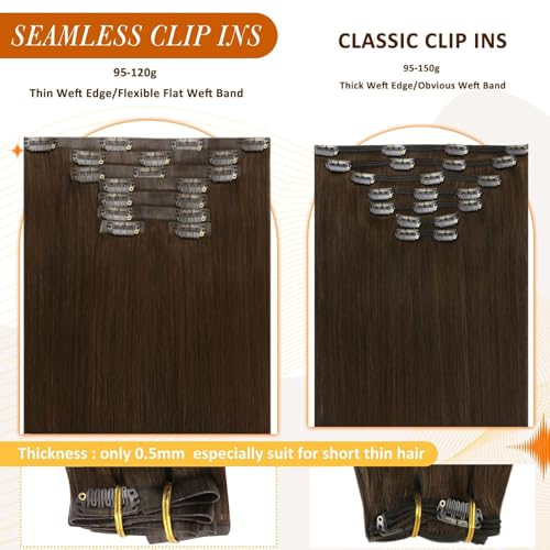Image of Full Shine Brown Seamless Hair Extensions Clip Ins, 24 Inch 120g | Remy Human Hair, Full Head Coverage with Smooth Length for Versatile Styling, Color 4A Rich Brown,Secure Hold, 8 Pcs