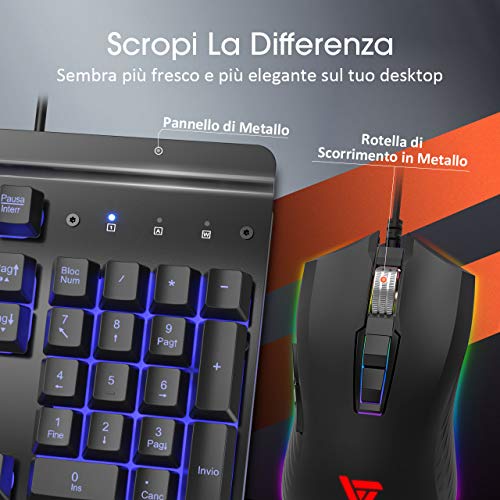 VicTsing Set Tastiera e Mouse da Gioco Ergonomici, Set Tastiera e Mouse Cablati USB, Tastiera da Gioco con Retroilluminazione Arcobaleno, Mouse con DPI Regolabile- Layout Italiano