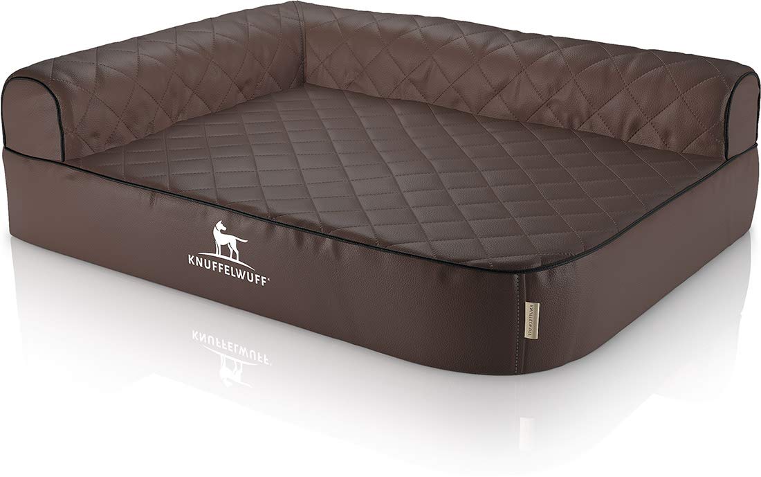 Knuffelwuff Orthopädisches Eck Hundebett Winslow aus Laser-gestepptem Kunstleder XXL 120 x 80cm Lehne Links Braun