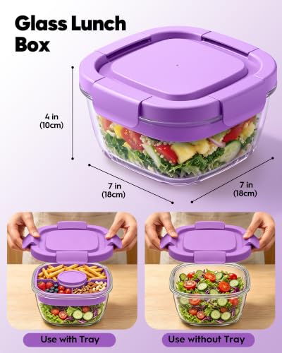 Image of Glass Salad Container,56oz Salad Bowl To Go for Lunch with Airtight Lid,Leak-Proof Sauce Container,4-Compartment Bento Tray & Reusable Fork - BPA-Free Glass Lunch Box for Meal Prep,Office(Purple)