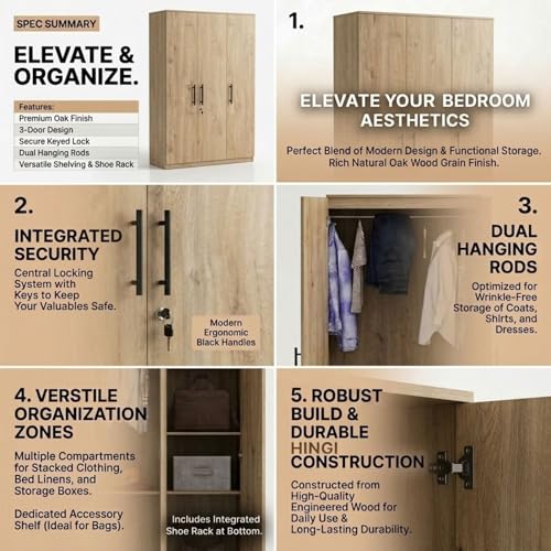Image of FFO Kavisto 3 Door Wardrobe Wooden for Bedroom with Shelves, Hanging Space & Lock, Wooden Clothes Organizer Almirah for Home, Office & Kids Room Milok DIY.