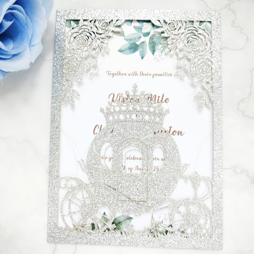 JOACHUUY 20PCS Princess Carriage quinceanera invitations,15 year,sweet 16 invitations,1 birthday invitations,laser cut invitations for birthday and more (silver)