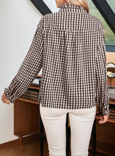 Astylish Womens Plaid Ruffle V Neck Button Down Blouse Casual Long Sleeve Gingham Trendy Tops Work Checkered Shirt3
