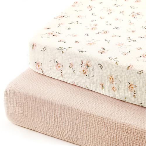 Image of GRSSDER 100% Cotton Muslin Crib Sheet 2 Pack - Breathable & Ultra-Soft Fitted Crib Sheets for Standard Baby & Toddler Mattresses, 52 inchx28 inch with 9 inch Deep Pocket, Snug Fit All-Around Elastic