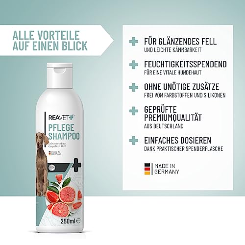 ReaVET Hundeshampoo mit Grapefruit 250ml - Pflegeshampoo Kokos für Hunde, Vitale Haut, Fellglanz, Kämmbarkeit, Shampoo Hund, natürliche Inhaltsstoffe