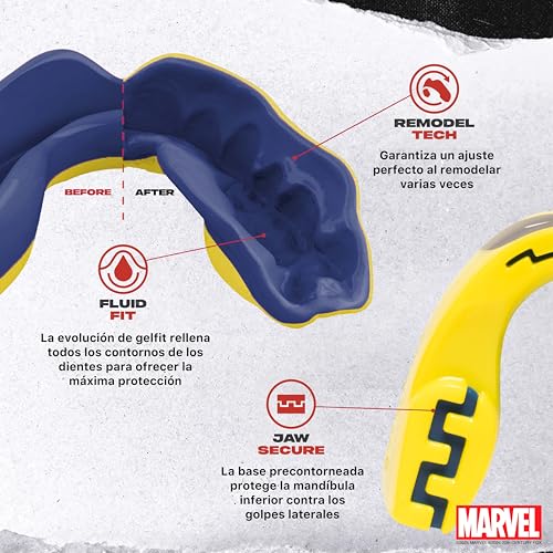 Diagrama explicativo de las tecnologías Fluid Fit y Jaw Secure del protector bucal Marvel, mostrando su ajuste y protección.