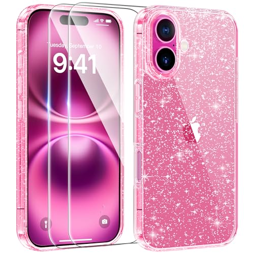 AROYI 3 in 1 Cover Compatibile con iPhone 16 6,1, Custodia Glitter Silicone Morbido TPU Protezione Case con 2 Pellicola Protettiva in Vetro Temperato, Trasparente Glitter Cover, Rosa brillante