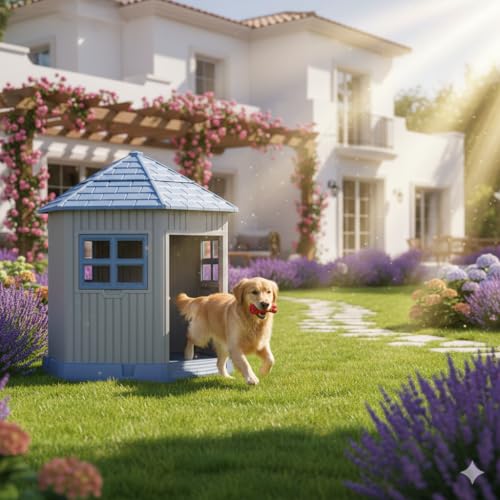 Image of Vizamoplast Paw Castle Dog House for Medium Dogs | Indoor & Outdoor PP Plastic Dog Kennel | Weatherproof UV Resistant Pet House | Removable Roof, Openable Windows | Raised Base | Easy Assembly