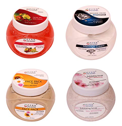 Pink Plums Skin-Whitening Scrub, D-Tan Face Pack, Diamond Massage Cream, Mix Fruit Facial Gel for Face with Vitamin E - 250 ml Each (Combo Pack of 4)
