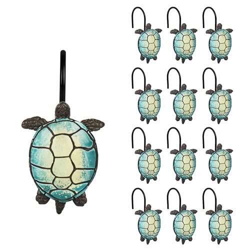 Sunlit Sea Turtle Shower Curtain Hooks, Home Decorative Shower Curtain Rings with Black Hooks for Bathroom, Resin, Ocean Shower Curtain Hanger Hooks for Kid Room Living Room, Set of 12