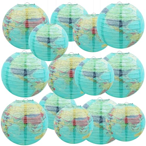 Songjum 14 Stück 25 cm und 20 cm Globus Laterne Dekoration Hängedekoration Papierlampions Deko Blaue Papierlaterne Weltkarte Klassenzimmer Dekorationen für Klassenzimmer Geburtstag Reise Themenpartys