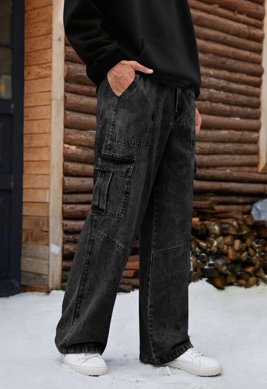 Mens Baggy Cargo Jeans Wide Leg Elastic Waist Jean Loose Fit Casual Denim Utility Pants Streetwear - Image 4