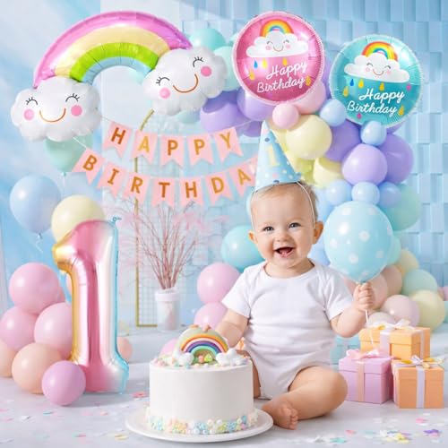 Image of Set of 59 Pcs 1st Birthday Decoration Kit with Rainbow Foil Balloon | First Birthday Decoration for Baby Boy and Baby Girl Rainbow Theme Party Decor