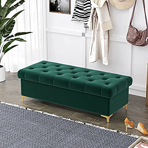 Banc de lit rembourré en velours vert avec rangement intégré 120 cm - 2