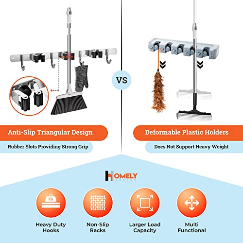 Broom Holder Wall Mount - 16" Wall Stud Installation Broom Mop Holder Wall Mounted - Broom Hanger with 3 Unit Clamps and 4 Utility Hooks for Storage, Closet - Broom Organizer Wall Mount - Broom Rack 8