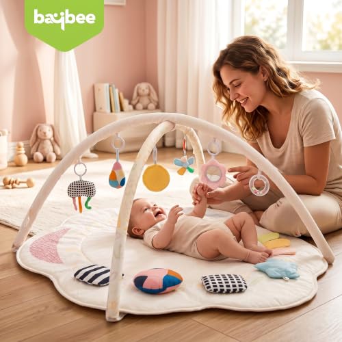 Image of Baybee 2 in 1 Premium Baby Play Gym & Activity Mat for Babies with Extra | Soft Cushion | Portable Playing mat for Kids with Sensory Toys | BPA Free Play Mat for New Born Baby up to 36 Months (Beige) | Soft Cushion | Portable Playing mat for Kids with Sensory Toys | BPA Free Play Mat for New Born Baby up to 36 Months (Beige)