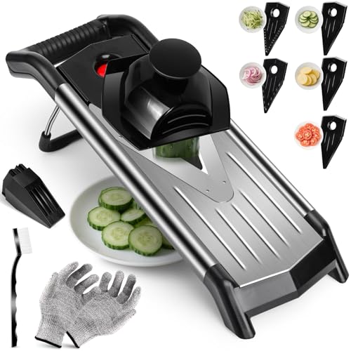 MASTERTOP Mandoline Gemüseschneider mit V-Klinge, 5 in 1 Gemüsehobel Gemüsereibe Edelstahl, Gurkenhobel Dünne Scheiben, Verstellbar V-Hobel Küchenhobel Reibe für Gemüse