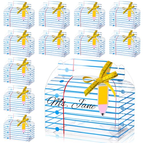 Honoson 24 Set Plastic Teachers Appreciation Gift Boxes with Pencil Tags Notebook Candy Box with Handle Cards Teacher Appreciation Bags for First Day of School Party Supplies
