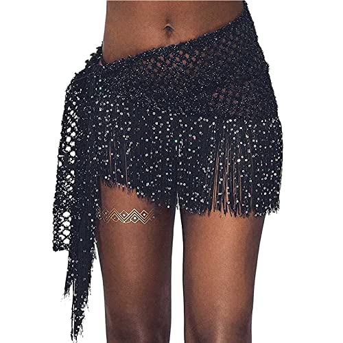 Minissaias femininas de lantejoulas com franja para dança do ventre festa clube lenço de quadril cin