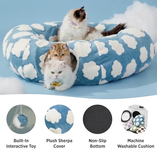 Image of Lesure Large Cat Tunnel Bed - Cute Donut Bed for Indoor Cats with Washable Circle Cushion, Round Pet Peekaboo Cave Toy for Multi Kitten /Puppy /Rabbit, Large Cozy Clouds Blue