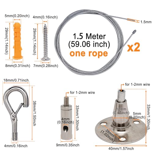 Image of 2sets Adjustable Hanging Wire Kit-2pcs 1.5meter /59.1in Stainless Steel Wire Rope+2pcs Spring Hook Hanging Disc-2sets Portable Hook & Eye Turnbuckle Tension for Furniture, Lamp,Picture(Silver)