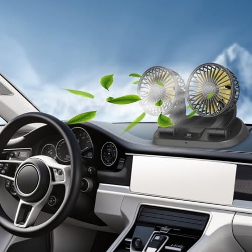 Image of Riloer 12V Car Rotating Fan, Portable Auto Cooling Cooler Fan Mini Dual Head Summer Air Fans, 360° Adjustable with Cigarette Lighter for SUV, sedan, cars, trucks, RVs, trailers Camping-car