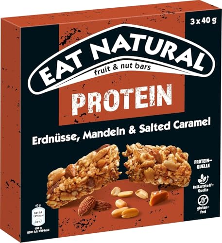 Eat Natural Frucht-und Nussriegel - Protein Erdnüsse, Mandeln und Salted Caramel - Proteinquelle glutenfreier Snack - optimal für unterwegs - 3x40 g