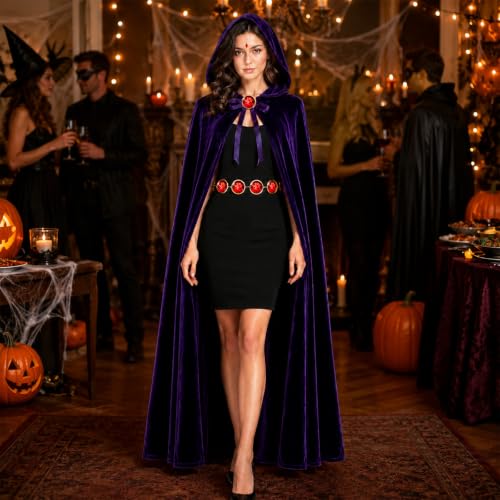 Image of Halloween Costume for Women Purple Hooded Cape with Gem Wasit Belt