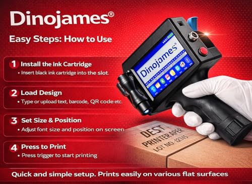 Image of dinojames Handheld Inkjet Printer, 4.3 inch Touch Screen, 600 DPI, Portable Batch Coding Machine for Date, MRP, Expiry, Barcode, QR Code Printing Size-12.7mm