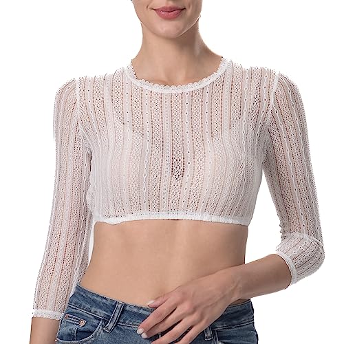 Kelliar Dirndlbluse Weiß Dirndlbluse Damen Rundhalsausschnitt...
