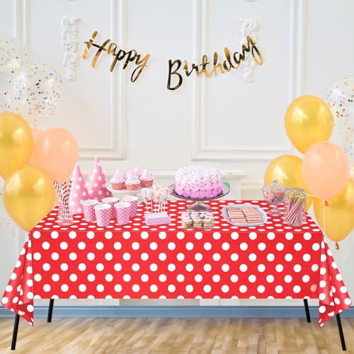 Image of WNINK 2 Pack Red and White Polka Dot Tablecloths - Disposable Plastic Waterproof Table Cover, 54 inch x 108 inch, for Birthday, Wedding, Bridal Shower, Bachelor Party, and Picnic