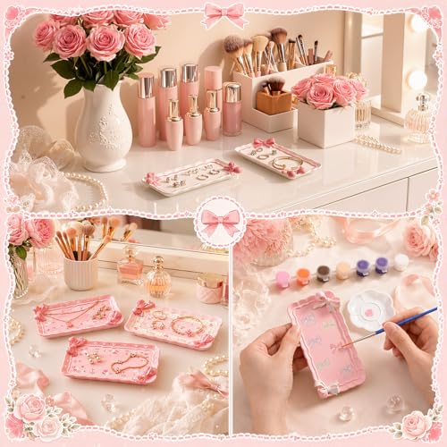 Image of Zubebe 6 Set Ceramics to Paint Rectangle Bow Jewelry Tray Kit Ready to Paint Ceramics Ring Dish Holder DIY Unpainted Plate Trinket Dish Tray Crafts with Brush Palette for Mothers Day Valentine Wedding