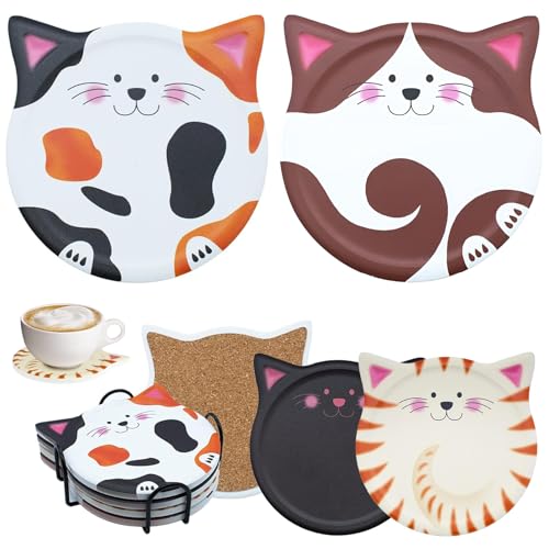 OT-NVWOZR 4 Pcs Cat Cartoon Ceramic Coasters with Metal Holder, A...